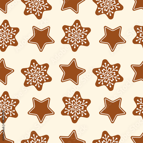 Christmas pattern featuring frosted cookies stars, on warm background, fragrant atmosphere.