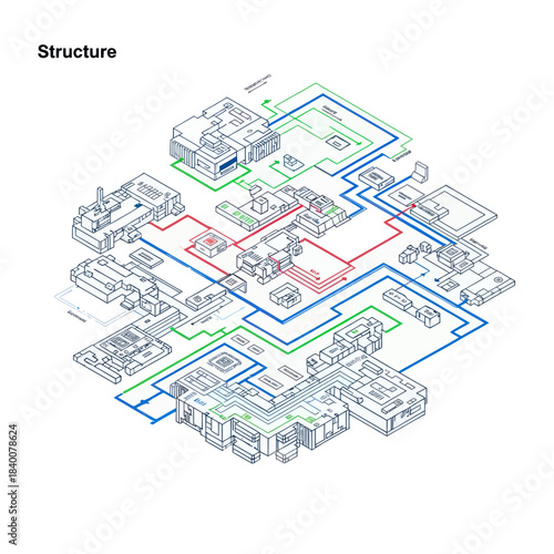 Isometric illustration of industrial complex with interconnected pipelines.