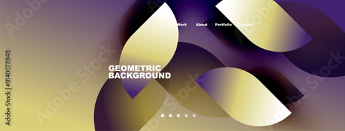 Abstract geometric background. Gradient colors blend, creating dynamic visual effect. Navigation menu present at top. Minimalist design.
