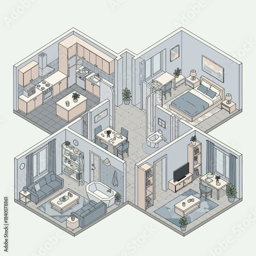 Isometric View of a Modern Apartment Floor Plan with Furniture.