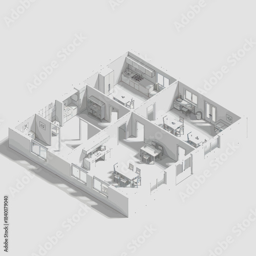 Detailed 3D Rendered Floor Plan of a Modern Apartment Layout.