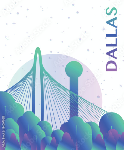Dallas, Texas USA gradient futuristic poster. Vector landmark abstract silhouette graphic for brochure, vertical page, booklet, cover