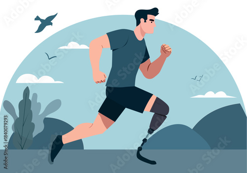 Illustration Athlete Running with Prosthetic Leg