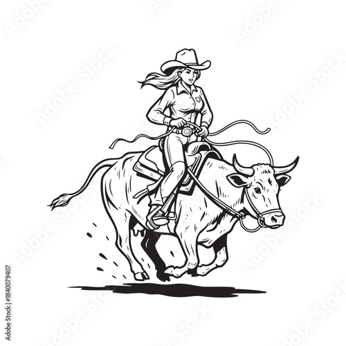 Cowgirl riding a bull rodeo western sport vector illustration