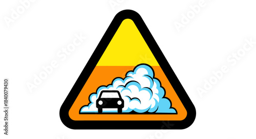 Air Pollution Warning Sign Featuring A Car and Emitting Emissions Symbolism