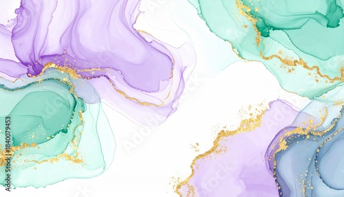 Abstract watercolor with swirling patterns in purple, teal, and green, gold accents tracing contours, white center focal point, shimmering effect, modern aesthetic for prints, backgrounds, or decor.