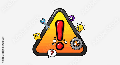 Alert Symbolic Illustration Featuring Tools, Gears, and Concept Symbols of Idea and Warning