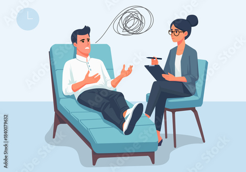 Illustration Man Lying on Couch During Psychotherapy Session