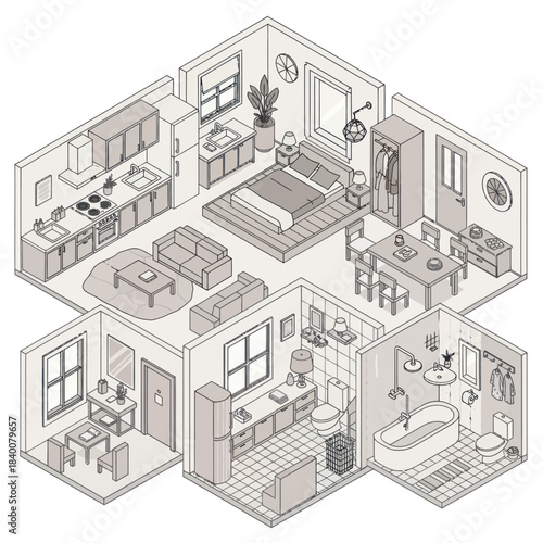 Detailed Isometric View of a Modern Apartment Layout.