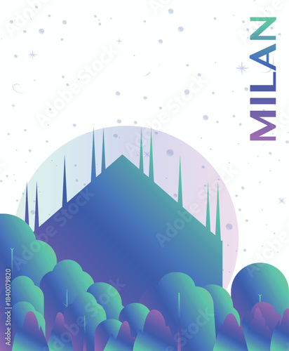 Milan, Italy gradient futuristic poster. Vector landmark abstract silhouette graphic for brochure, vertical page, booklet, cover