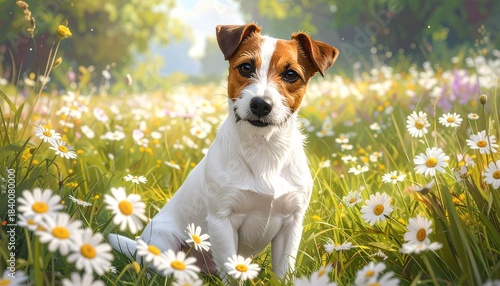 Jack Russell Terrier with white coat and brown face markings sitting in blooming daisy field, alert expression, lush greenery and soft sunlight filtering through trees, peaceful and joyful nature mome