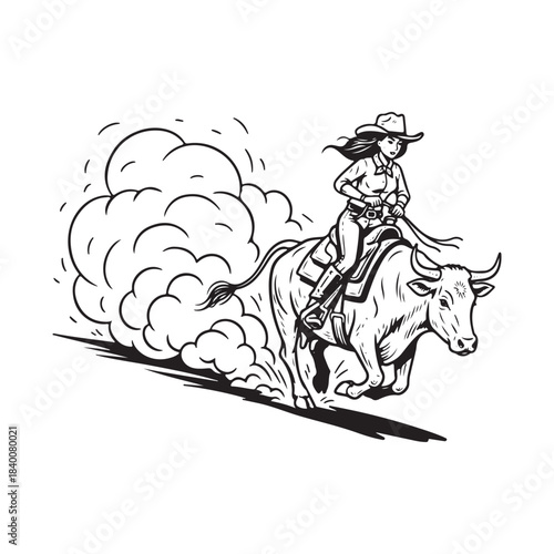 Cowgirl riding a powerful bull, kicking up dust in a rodeo show