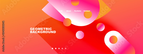 Abstract geometric background. Vibrant gradients, circles, pink hues dominate design. Navigation elements present, modern aesthetic.