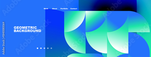Abstract geometric background. Blue, green gradients create modern design. Navigation links present at top. Simple, clean aesthetic.