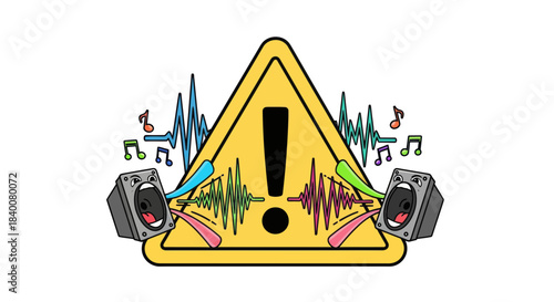 Alerting Sound Waves Warning Symbolized by Exclamation Point and Audio Speakers