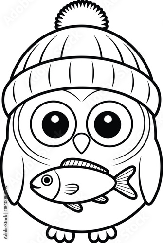 Cartoon owl wearing a beanie holding a fish winter hat