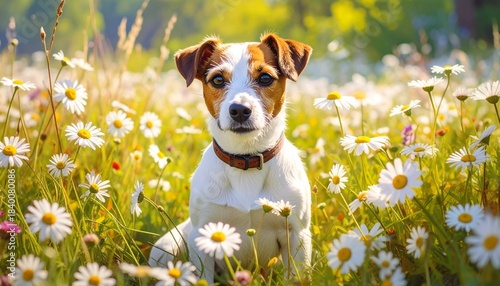 jack russell terrier playJack Russell Terrier with white coat and brown face markings sitting in blooming daisy field, alert expression, lush greenery and soft sunlight filtering througing with flower