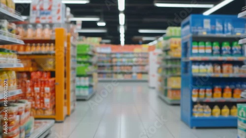 Blurred Supermarket Aisle with Shelves Full of Various Products Creating a Dynamic Shopping Experience in a Modern Grocery Store Environment