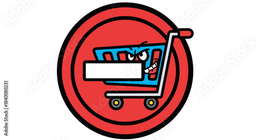 Angry Shopping Cart Icon Inside Red Circular Frame Depicting a Shopping Frenzy
