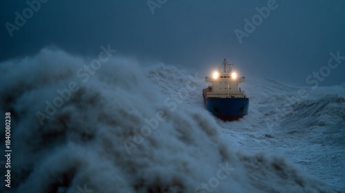 Stormy seas engulf solitary cargo ship under ghostly blue twilight, evoking Seafarers Day and maritime mystery folklore