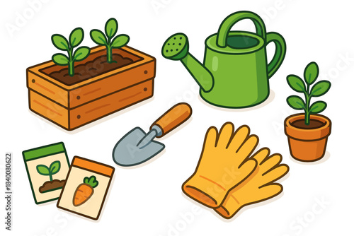 Gardening tools and supplies for planting with seedlings and watering can