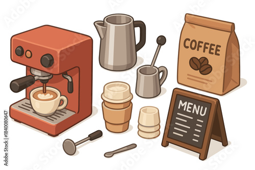Coffee shop essentials: espresso maker, cups, menu, and more