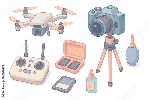 Drone and camera equipment with accessories on white background
