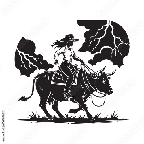 Cowgirl riding a bull with storm clouds overhead