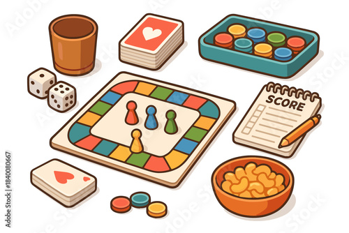 Colorful board game setup with dice, cards, and scorepad for family fun night