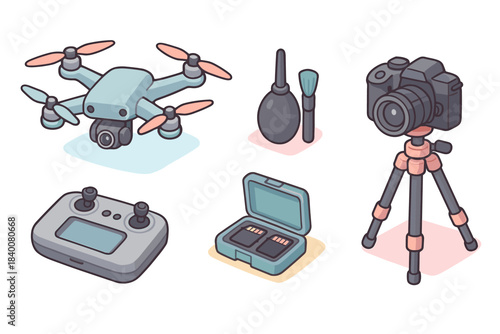 Drone and camera equipment with accessories: controller, sd cards, cleaning tools