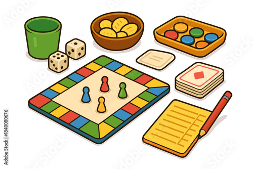 Colorful board game setup with dice, tokens, and scorecard