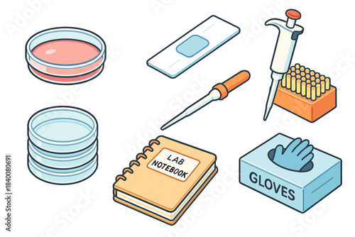 Laboratory equipment set with petri dishes, pipettes, and lab notebook illustrations
