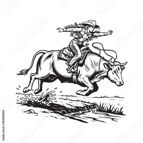 Cowgirl riding a bucking bull in a rodeo competition, action shot