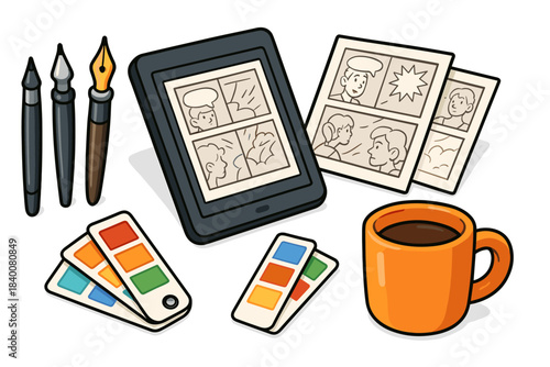 Digital comic art workspace with e-reader, tools, and coffee mug