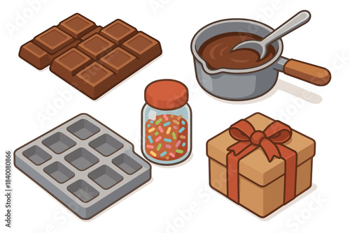 Chocolate making tools with bar, mold, saucepan, sprinkles, gift box