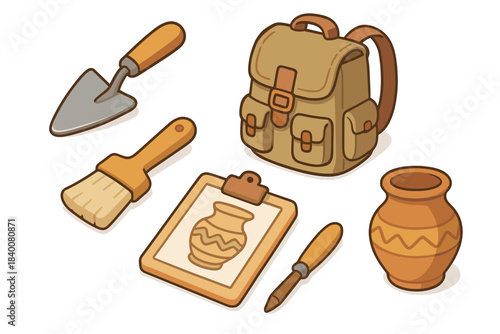 Archaeology tools with backpack, trowel, brush, clipboard, and pottery on white background