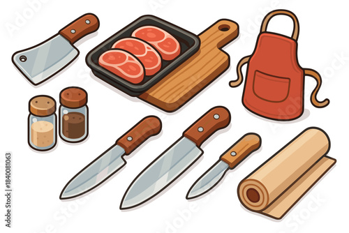 Meat and kitchen utensils collection: cleavers, knives, apron, seasonings, and steak on cutting board