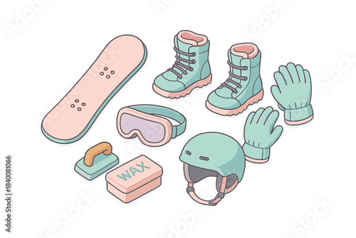Snowboarding gear set with boots, goggles, and helmet in pastel colors