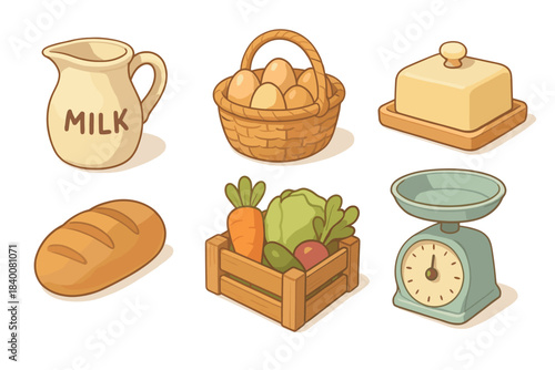 Collection of groceries: milk, eggs, butter, bread, vegetables, and scale illustration