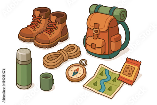 Camping gear essentials: boots, backpack, rope, compass, map, thermos, mug, snack