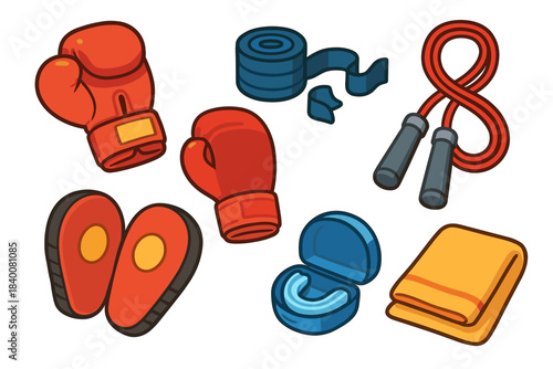 Cartoon boxing gear collection: gloves, wraps, jump rope, and pads