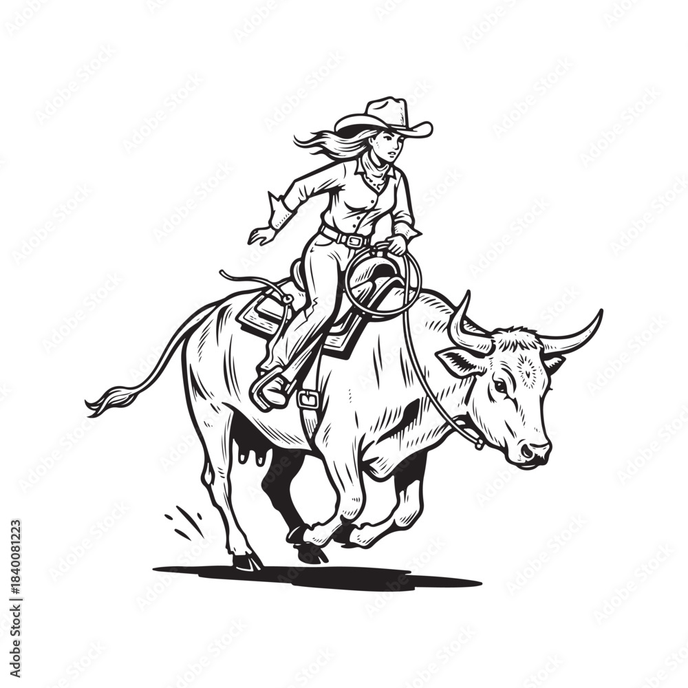 Fototapeta premium Cowgirl riding a bull with a lasso in black and white drawing style