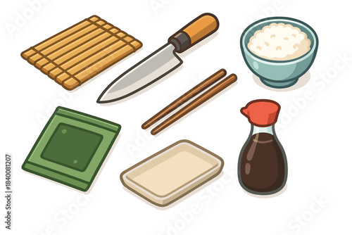 Sushi making tools and ingredients illustration with rice, chopsticks, and soy sauce