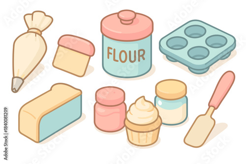 Pastel baking utensils and ingredients set with cupcake and flour canister