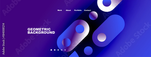 Modern website header design. Blue gradients, geometric shapes, navigation menu present. Clean aesthetic, vibrant colors.