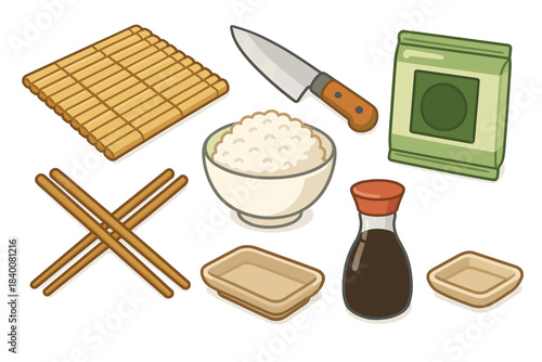 Sushi preparation tools with rice soy sauce knife mat chopsticks
