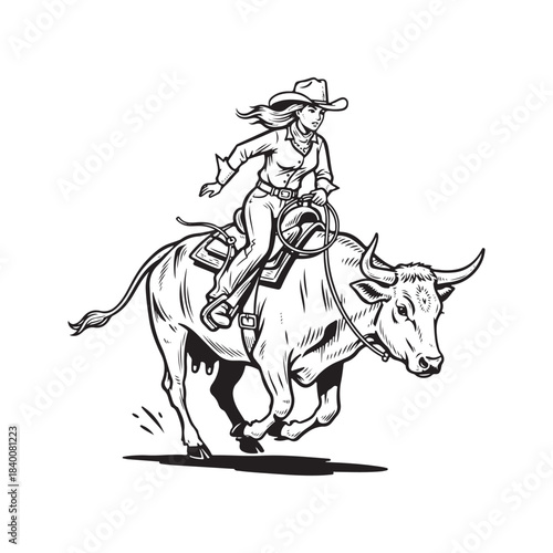 Cowgirl riding a bull with a lasso in black and white drawing style