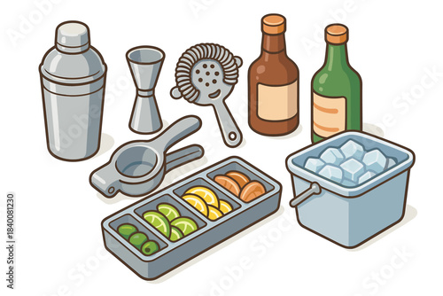 Cocktail set with shaker, jigger, citrus slices, bottles, and ice bucket