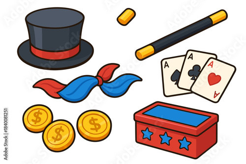 Magician's essentials: hat, wand, cards, coins, and magic box illustration