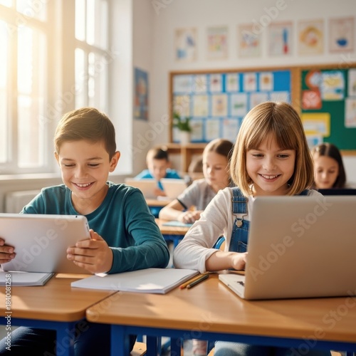Children learning with laptops and tablets in a bright classroom